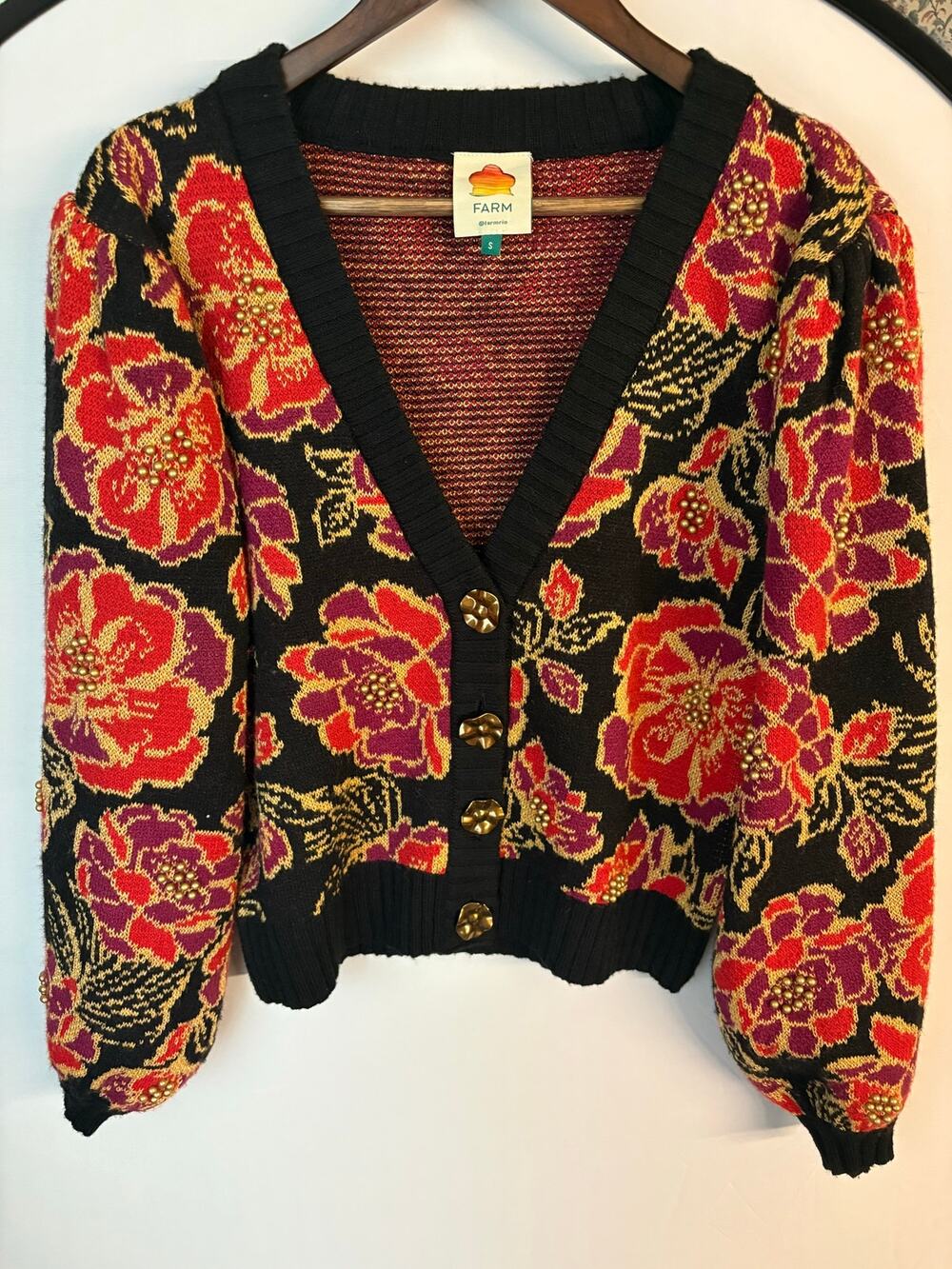 Farm Rio Floral Knit Cardigan Metallic Lurex Puff Sleeve Gold Bead Boho Glam